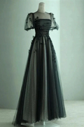 A Line Black Puff Sleeves Tulle Long Prom Dress Black Formal Evening Dress Y7334 by simplepromdress