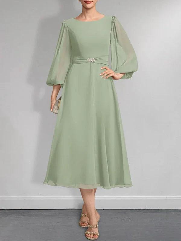 A-line Scoop Tea-Length Chiffon Mother of the Bride Dress With Crystal Brooch Pleated by Dreamylily