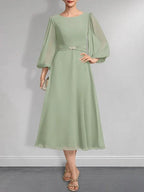 A-line Scoop Tea-Length Chiffon Mother of the Bride Dress With Crystal Brooch Pleated by Dreamylily
