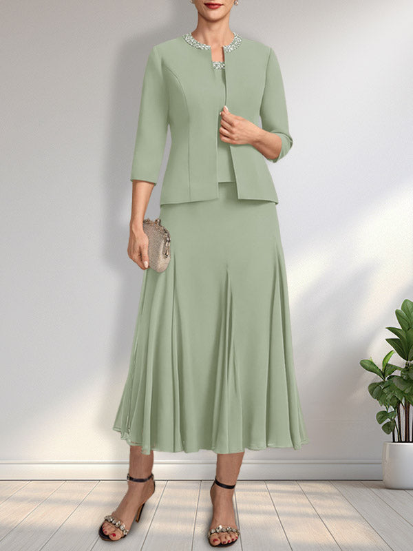 Separates A-line Scoop Tea-Length Chiffon Mother of the Bride Dress With Sequins Beading