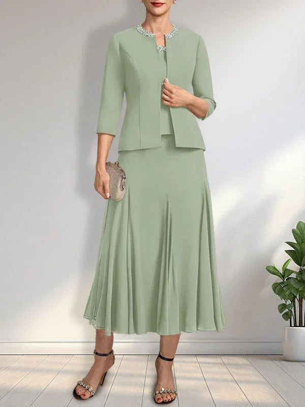 Separates A-line Scoop Tea-Length Chiffon Mother of the Bride Dress With Sequins Beading by Dreamylily