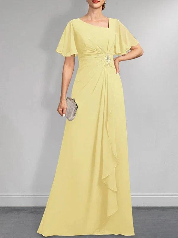 A-line Asymmetrical Floor-Length Chiffon Mother of the Bride Dress With Pleated Beading Sequins by Dreamylily