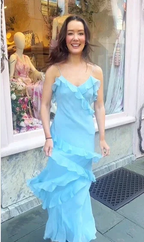 Elegant Spaghetti Straps Blue Ruffle Chiffon Prom Dress Backless Evening Dress Y8267 by simplepromdress