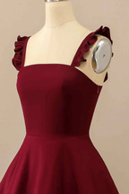 Burgundy A-line Ruffle Straps Satin Mini Homecoming Dress Y2176 by simplepromdress