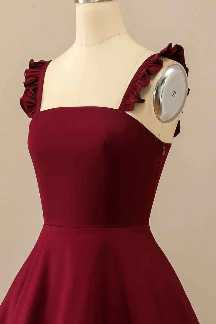 Burgundy A-line Ruffle Straps Satin Mini Homecoming Dress Y2176 by simplepromdress