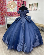 Navy Off The Shoulder Tulle Lace Quinceanera Dress,Navy Blue Ball Gown Sweet 15 Dress Y2985 by simplepromdress