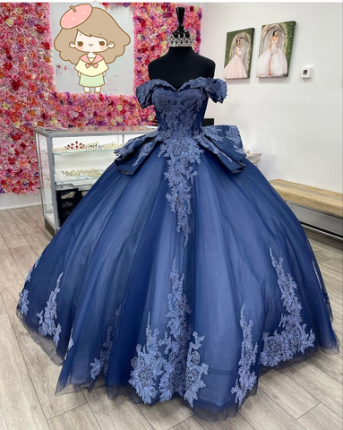 Vestido de quinceañera azul marino con encaje de tul y hombros descubiertos, vestido de fiesta azul marino para quinceañeras Y2985