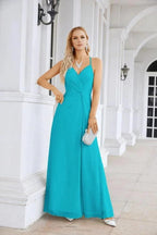 Ladies Chiffon Spaghetti Strap V Neck Front Slit Floor Length Bridesmaid Evening Dress Prom Party Wedding Evening Dress 28116 by numbersea