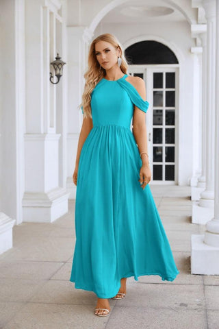 Ladies Chiffon Off Shoulder Swing Sleeve Front Slit Bridesmaid Evening Dress Wedding Party Evening Dress 28117
