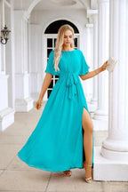 Ladies Chiffon Sleeve Crew Neck Front Slit Floor Length Bridesmaid Evening Dress Wedding Party Evening Dress 28124 by numbersea