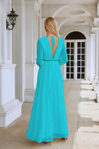 Ladies V Neck Chiffon Long Sleeve Front Slit Bridesmaid Evening Dress Wedding Party Shopping Evening Dress 28109 by numbersea