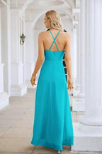 Ladies Chiffon Spaghetti Strap V Neck Front Slit Floor Length Bridesmaid Evening Dress Prom Party Wedding Evening Dress 28116 by numbersea