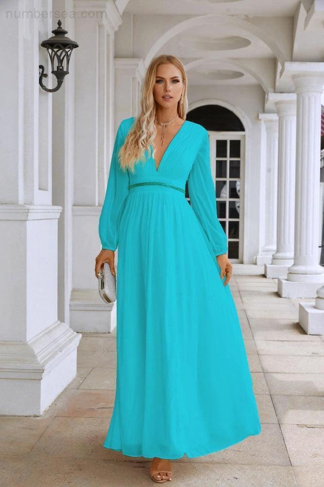 Ladies V Neck Chiffon Long Sleeve Front Slit Bridesmaid Evening Dress Wedding Party Shopping Evening Dress 28109 by numbersea