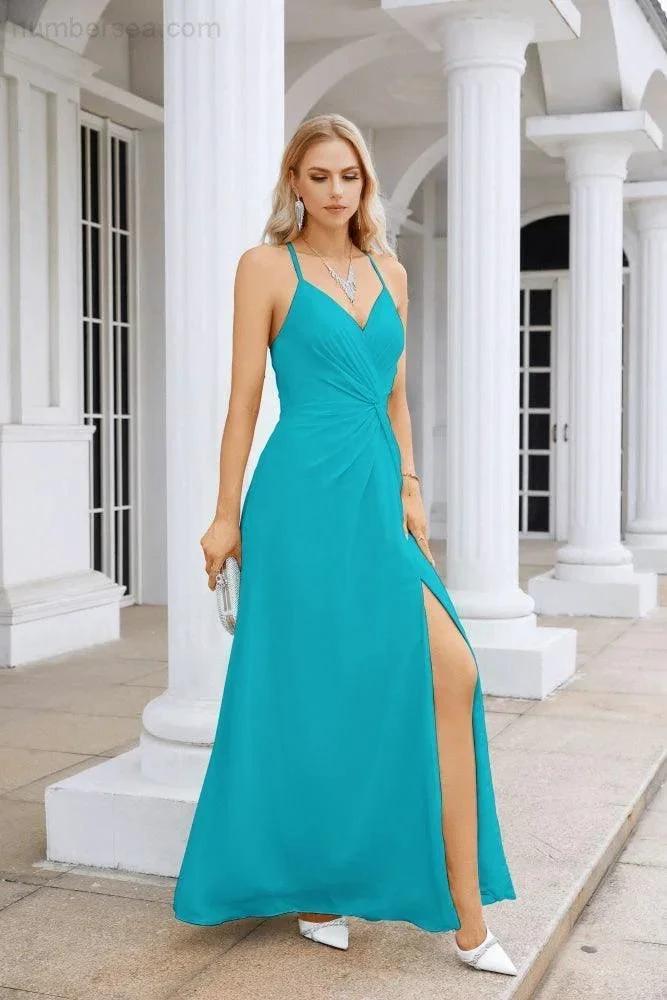 Ladies Chiffon Spaghetti Strap V Neck Front Slit Floor Length Bridesmaid Evening Dress Prom Party Wedding Evening Dress 28116 by numbersea