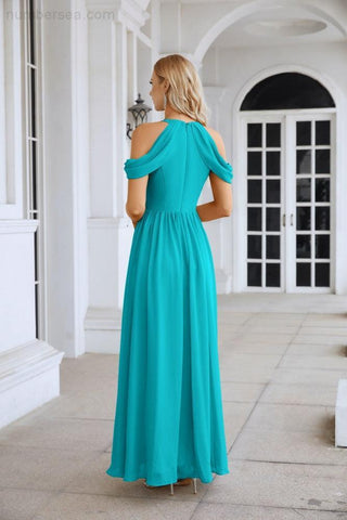 Ladies Chiffon Off Shoulder Swing Sleeve Front Slit Bridesmaid Evening Dress Wedding Party Evening Dress 28117
