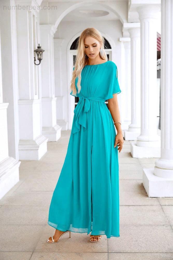Ladies Chiffon Sleeve Crew Neck Front Slit Floor Length Bridesmaid Evening Dress Wedding Party Evening Dress 28124 by numbersea