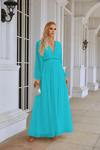 Ladies V Neck Chiffon Long Sleeve Front Slit Bridesmaid Evening Dress Wedding Party Shopping Evening Dress 28109