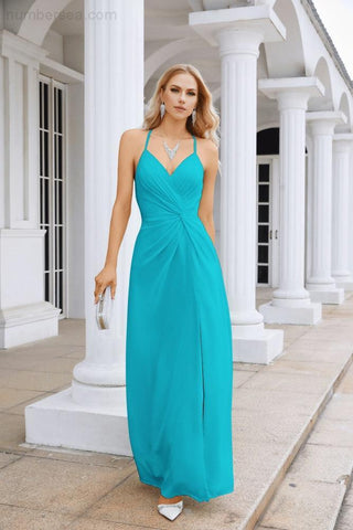 Ladies Chiffon Spaghetti Strap V Neck Front Slit Floor Length Bridesmaid Evening Dress Prom Party Wedding Evening Dress 28116