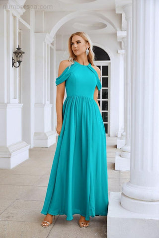 Ladies Chiffon Off Shoulder Swing Sleeve Front Slit Bridesmaid Evening Dress Wedding Party Evening Dress 28117