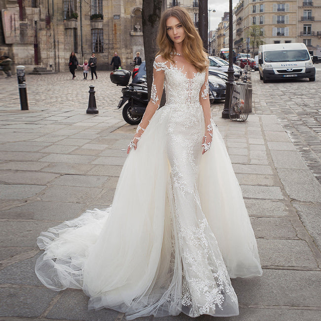 Luxury Wedding Dress 2023 Detachable 2 In 1 Mermaid Embroidered Lace On Net With O-neck Full Sleeve Back Button Vestido De Novia Hover Image