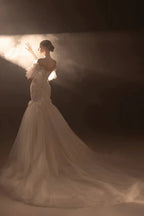 Ethereal Mermaid Off-the-Shoulder Tulle Wedding Dress with Beaded Embroidery & 3D Floral Accents H011 by ZAPDRESS
