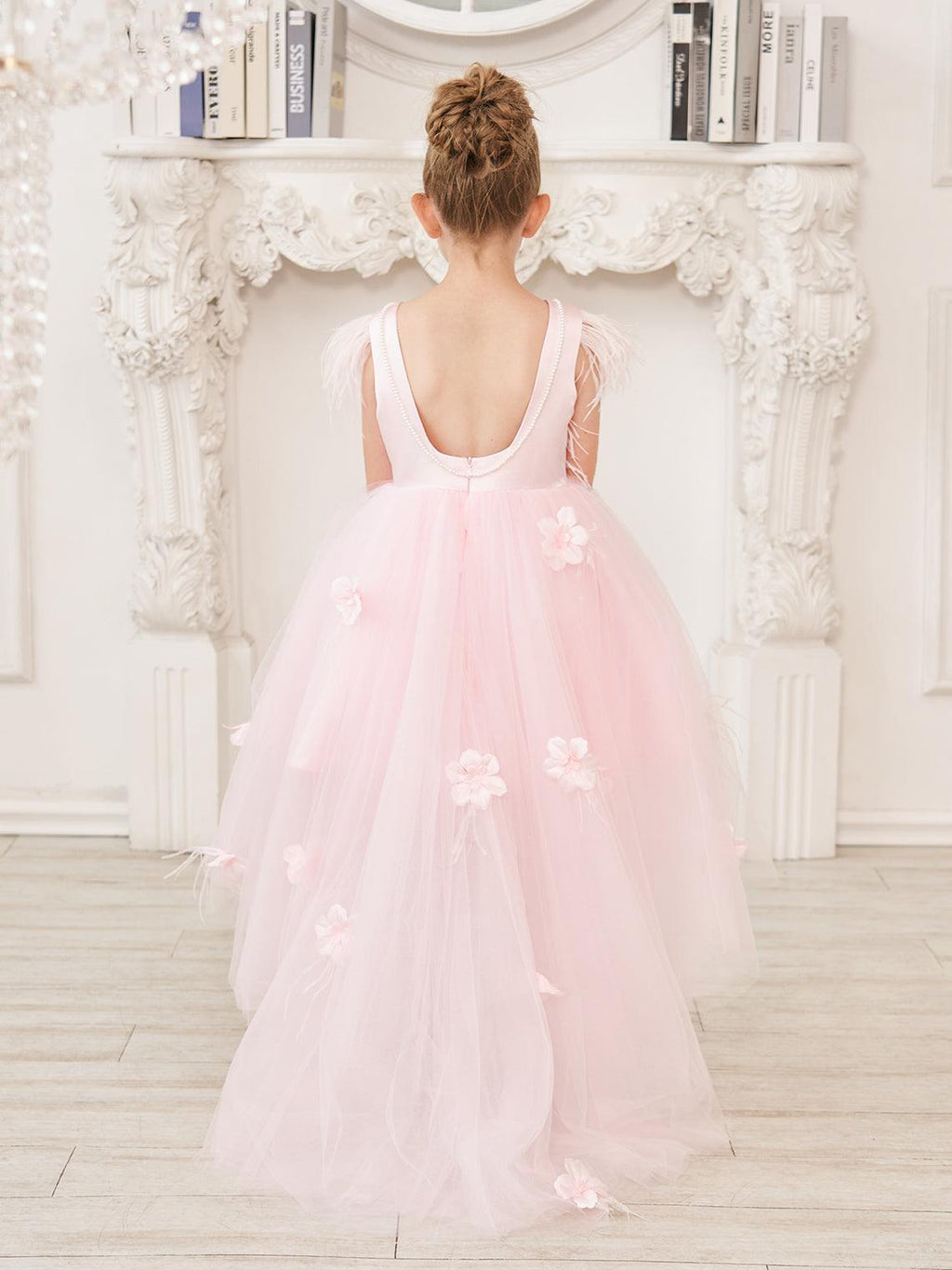 Princess Sleeveless Tulle Flower Girl Dress with Beading and Feather Bow (010… - photo 6