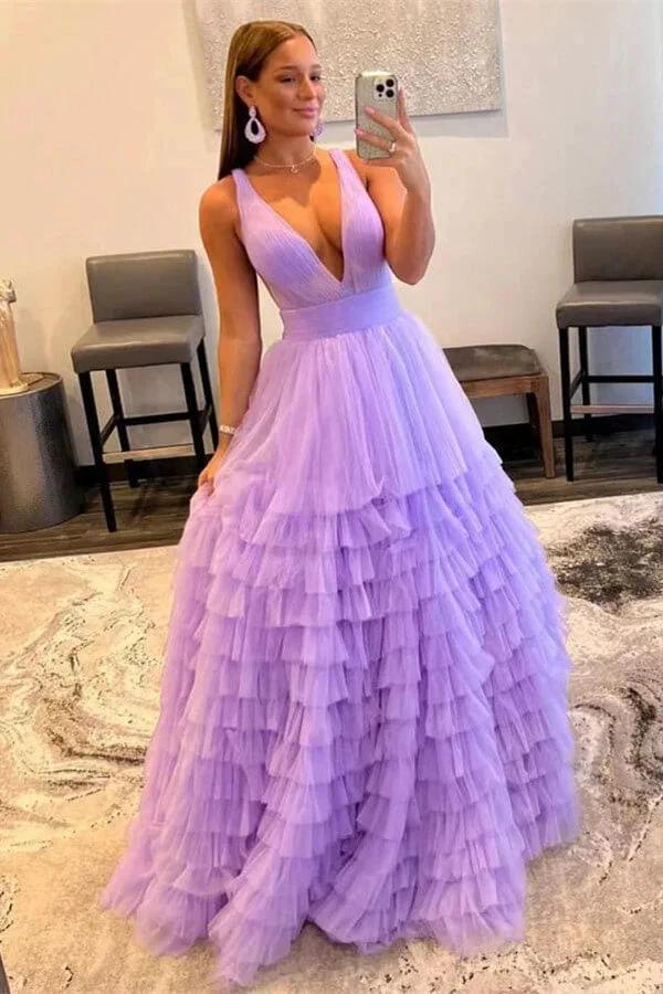 A-line Off The Shoulder V-Neck Prom Dress with Ethereal Tulle Layers by BIZTUNNEL