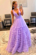 A-line Off The Shoulder V-Neck Prom Dress with Ethereal Tulle Layers by BIZTUNNEL