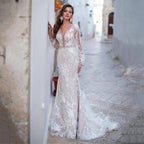 Luxury Backless Tulle Mermaid Wedding Dresses 2022 Long Sleeve Lace Appliques V-neck White Bridal Gown vestidos de novia by payinti