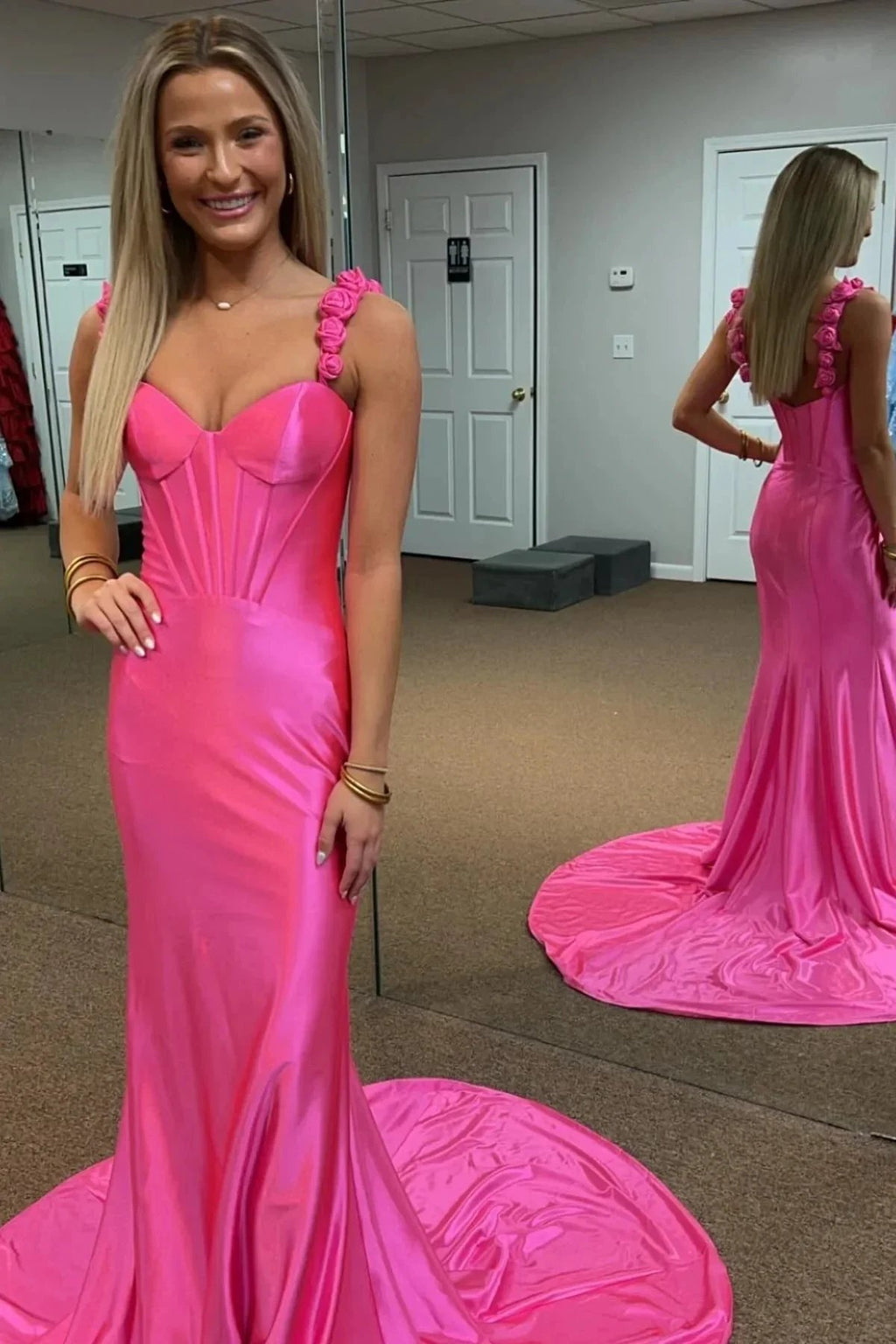 Persephone | Hot Pink Floral Straps Mermaid Satin Long Prom Dress by KissProm
