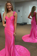 Persephone | Hot Pink Floral Straps Mermaid Satin Long Prom Dress by KissProm