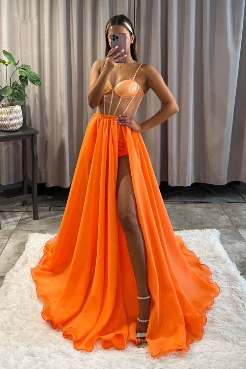Orange Long A Line Spaghetti Straps Chiffon High Split Prom Dress by BIZTUNNEL