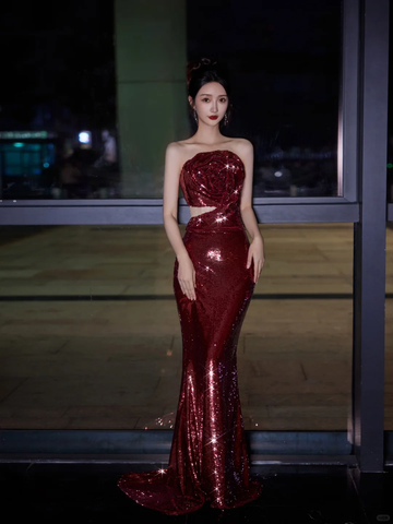 Burgundy Strapless Sequin Rose Flowers Prom Dress Mermaid Long Evening Dress Y8595