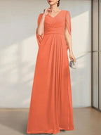 A-line V-Neck Floor-Length Chiffon Mother of the Bride Dress With Pleated by Dreamylily