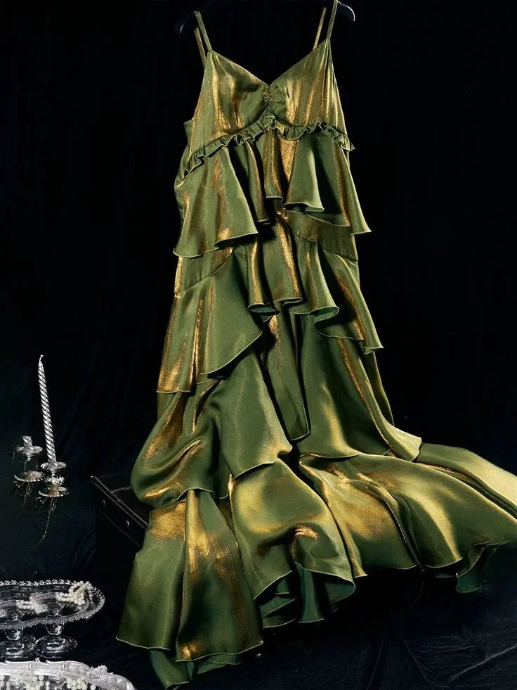 Vintage Green Tiered Flounce Long Prom Dress Party Evening Gown Y7548 by simplepromdress