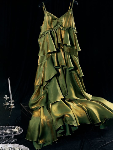 Vestido de fiesta largo vintage verde con volantes escalonados Y7548
