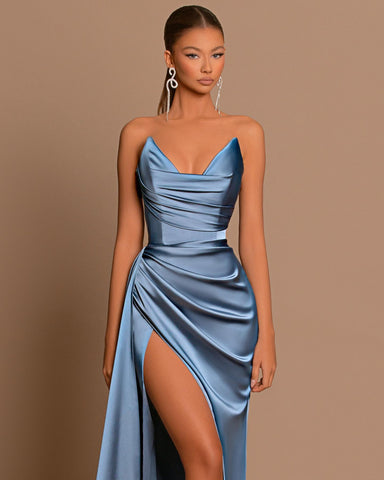 Simple Blue Satin Draped Mermaid Long Prom Dress with Slit