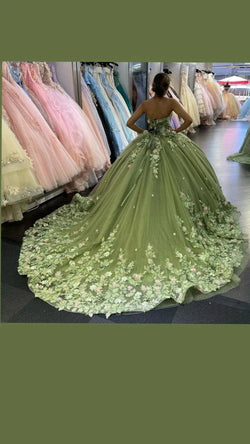 Green Quinceanera Dresses Princess Ball Gown Appliques 3D Flowers Party Sweet 15 Y121 by simplepromdress