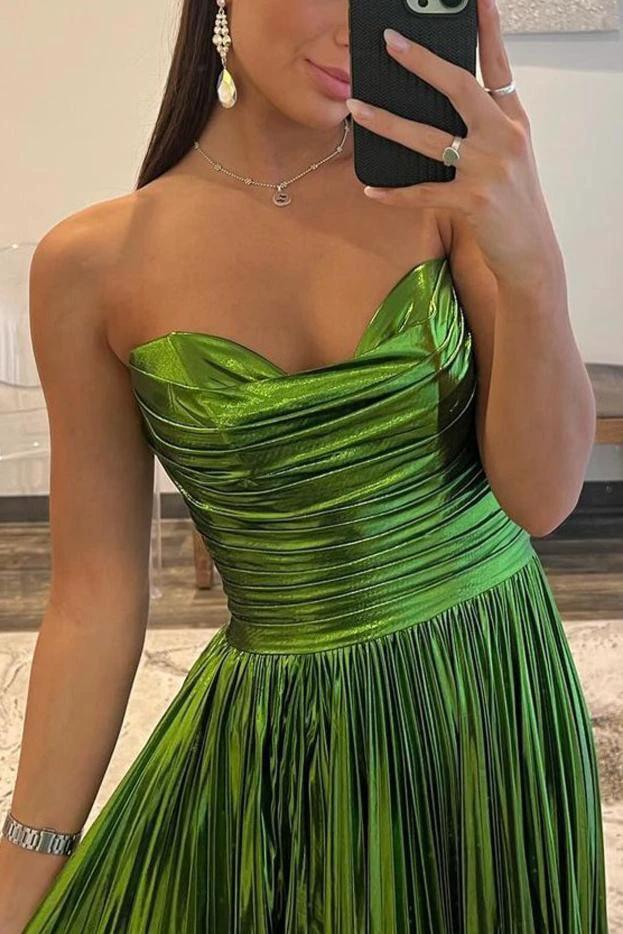 Oakley | Green Metallic Strapless Pleated A-Line Long Prom Dresses by KissProm