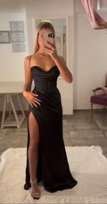 Woman taking mirror selfie in chic black satin evening dress with thigh slit from ZAPDRESS