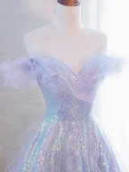 Iridescent sequin off-shoulder tulle dress on mannequin, ZAPDRESS