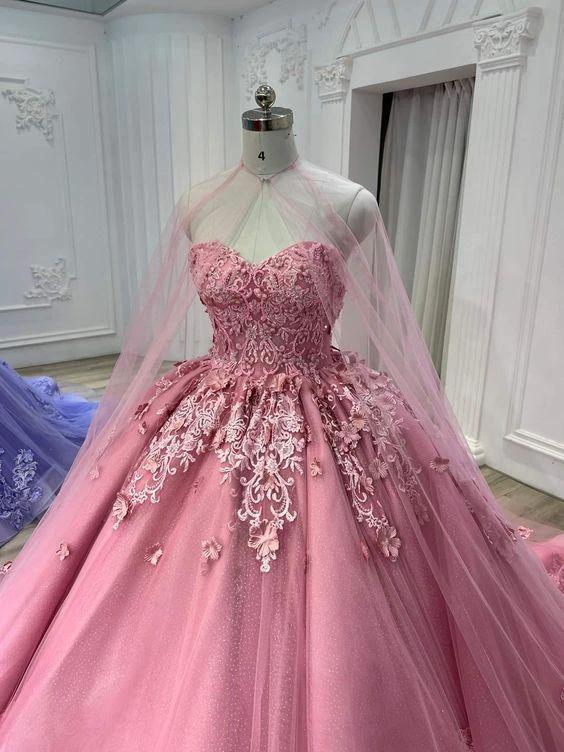 Sweetheart Pink Tulle Lace Ball Gown With Tulle Cape Sweet 16 Dress Y709 by simplepromdress