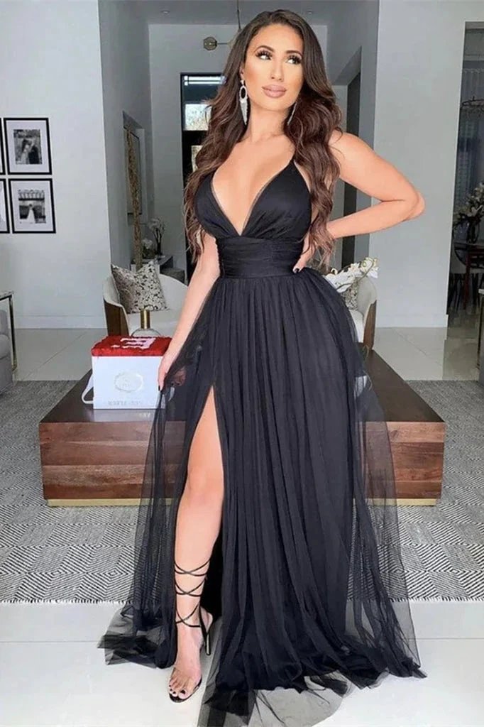 Sleek Midnight Black Tulle Prom Dress with Daring Leg Split and Ruffle by BIZTUNNEL