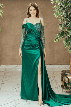Emerald Spaghetti Straps Sequins Prom Dress With Slit and Pleated by BIZTUNNEL
