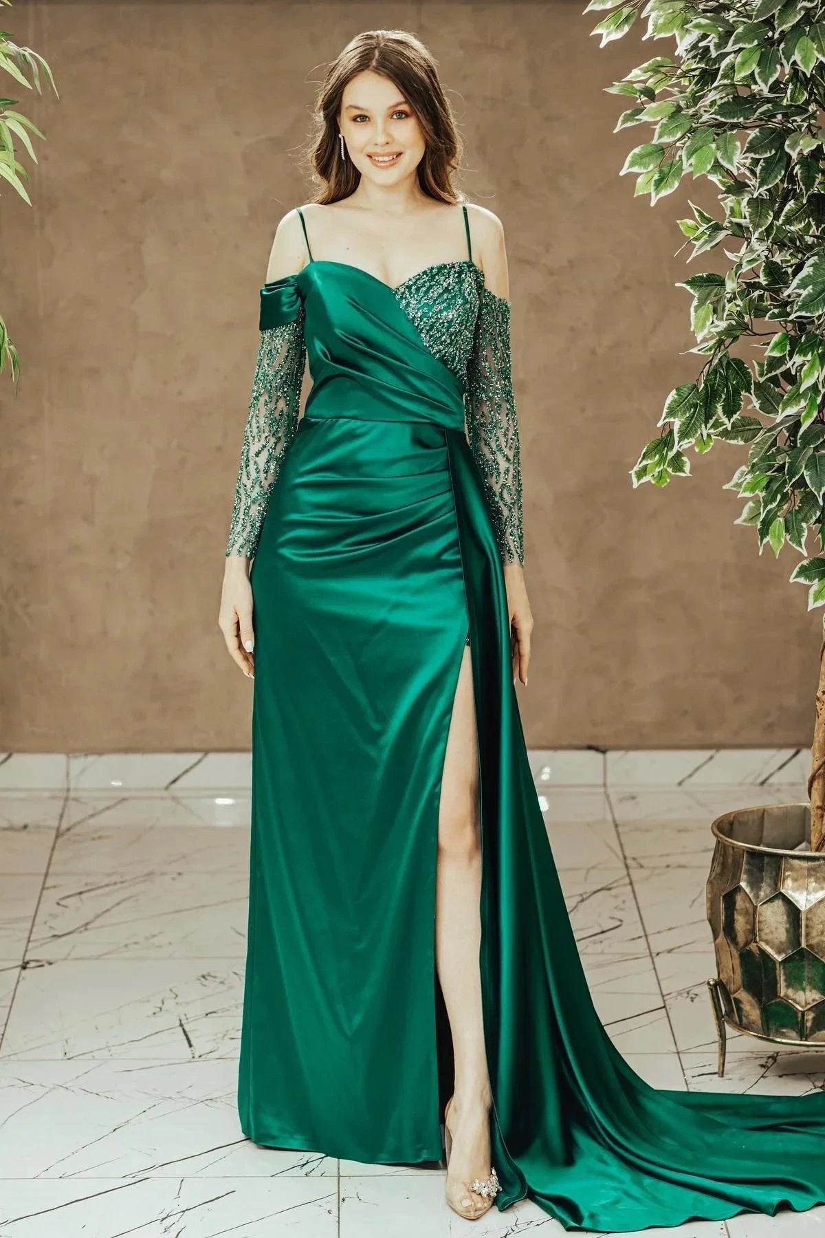 Emerald Spaghetti Straps Sequins Prom Dress With Slit and Pleated by BIZTUNNEL