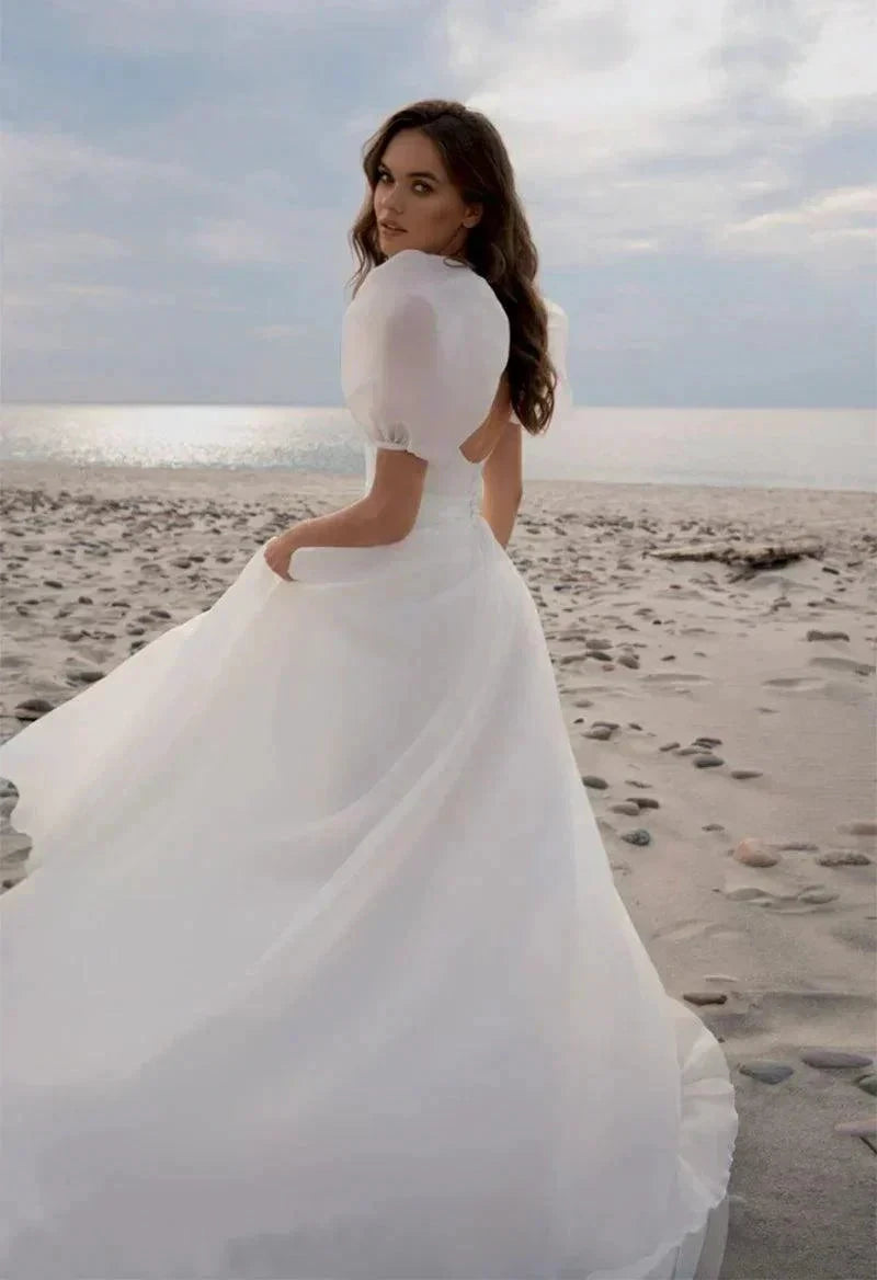 Wedding Dresses Charming A-Line Square Neck Short Sleeves with Train by Aabei Dress
