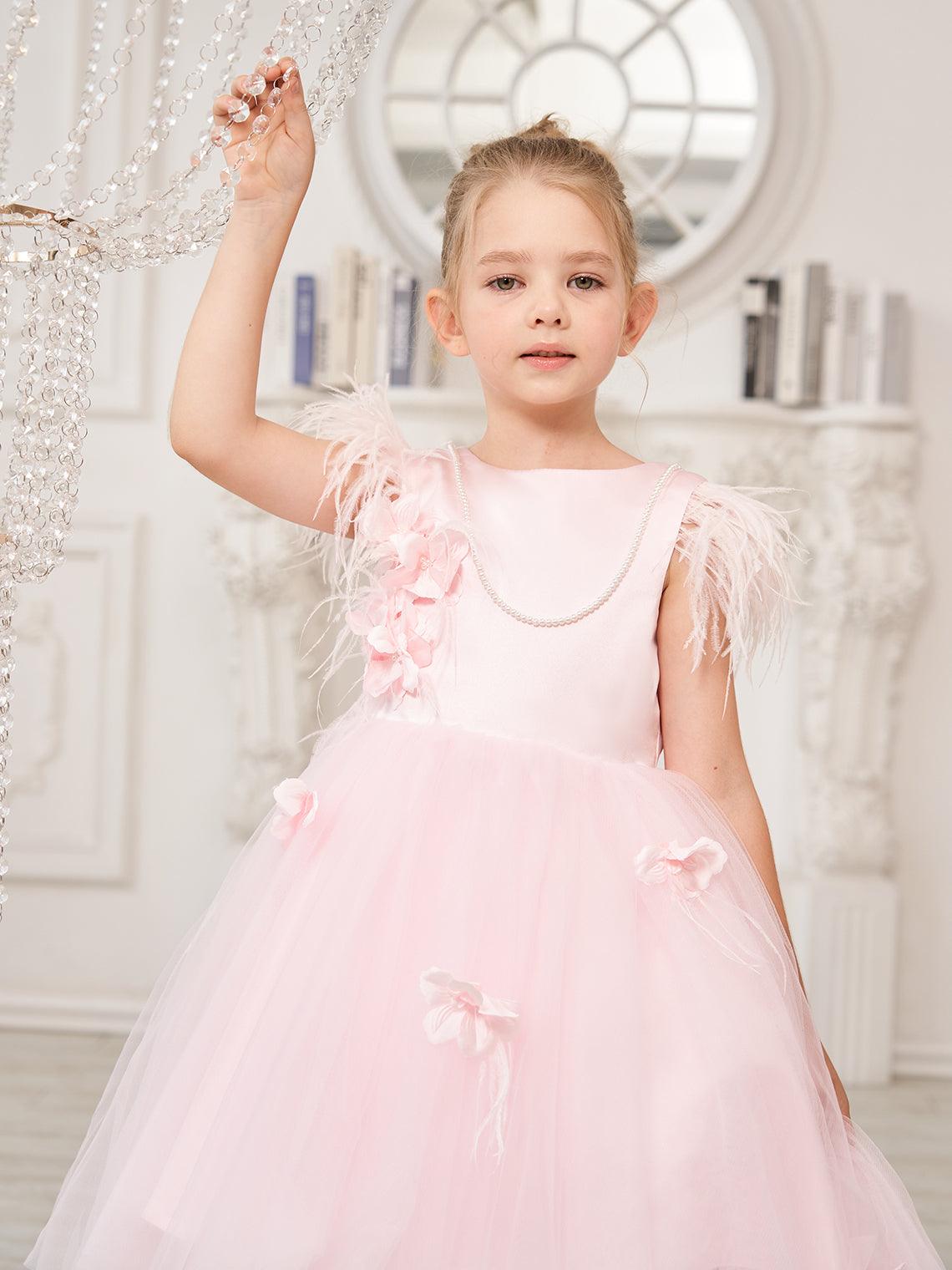Princess Sleeveless Tulle Flower Girl Dress with Beading and Feather Bow (010… - photo 2
