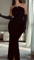 Elegant woman in a black strapless evening gown with gloves, ZAPDRESS fashion style