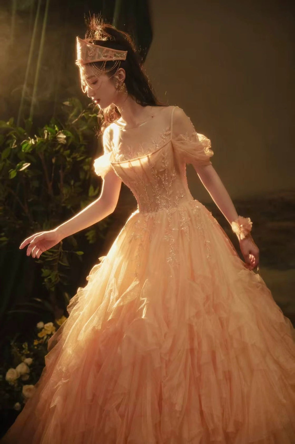 Ethereal Sunset-Hued Tulle Ball Gown with Illusion Neckline, Puff Sleeves & Sequin Floral Embroidery by ZAPDRESS
