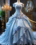 Blue Fairy 3D Floral Prom Dress Bustle Ruched Sweet 16 Ball Gown Quinceanera Dress Y7607 by simplepromdress